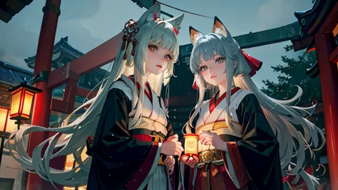 Pretty Face、beautiful eyes、Masterpiece top quality　midnight　Fox-eared beauty red and white miko kimono　，light blonde silver hair...