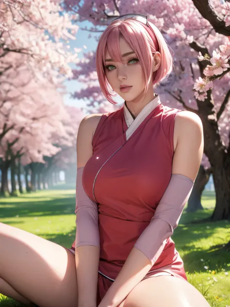 haruno sakura, naruto \(series\), naruto shippuuden, 1girl, accurate konohagakure symbol, bangs, breasts, closed mouth, elbow sl...