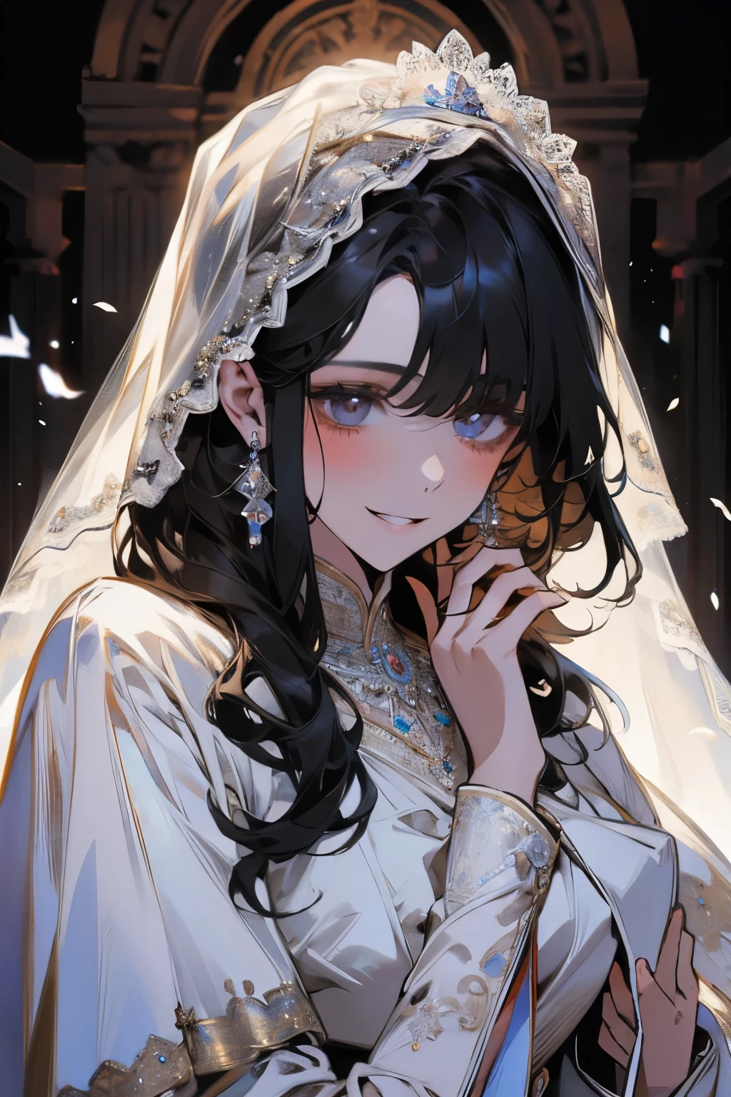 婚礼场景，身穿白色婚纱的新娘，微微一笑，完美脸蛋，黑发，完美脸蛋