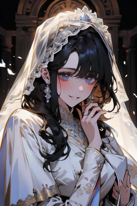 Wedding scene，Bride in a white wedding dress，Smiling slightly，Perfect face，Black Hair，Perfect face