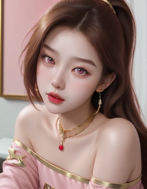 1 girl, 19 years old, south korean, 4k, masterpiece, soft skin, frekles, long whavy brown hair, pink eyes, red lips, red eyeliners, off shoulder pink fitness top, gold jewels, gold necklase, happy, portrait, close shot, detailed face, facing camera.