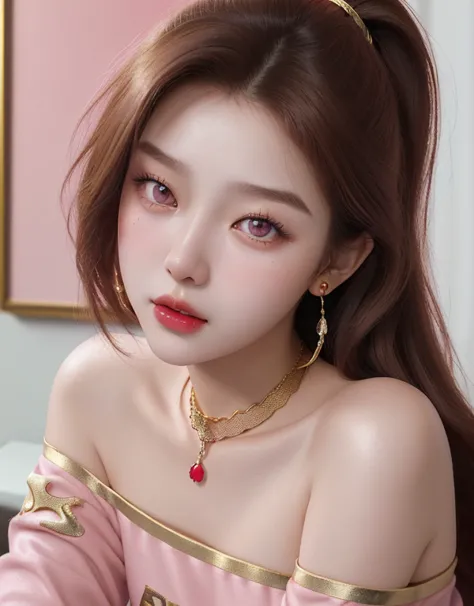 1 girl, 19 years old, south korean, 4k, masterpiece, soft skin, frekles, long whavy brown hair, pink eyes, red lips, red eyeline...