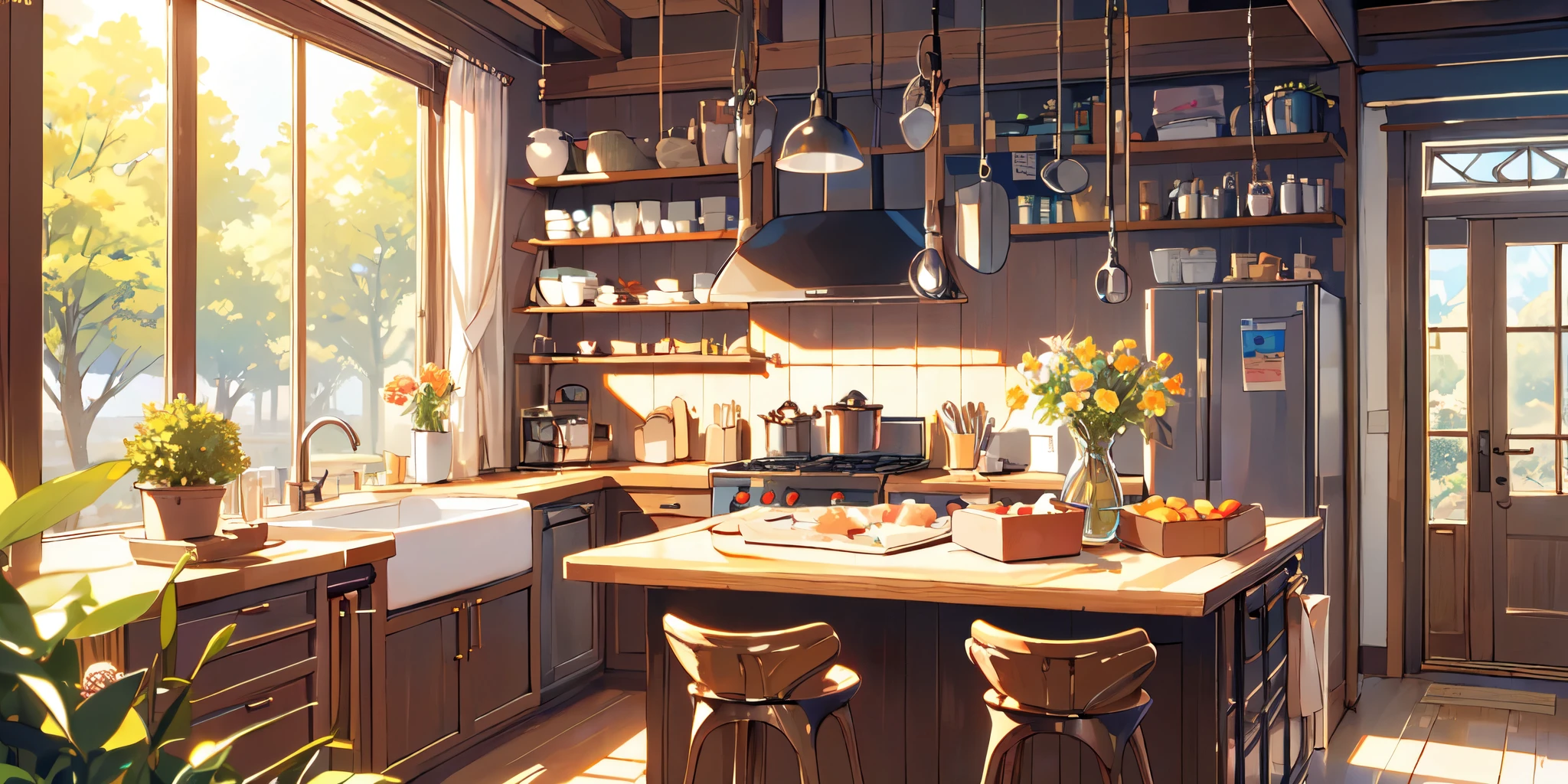 (masterpiece:1.2), best quality,pixiv,Warm animated scenes,cozy anime,
Sunlight,kitchen
 