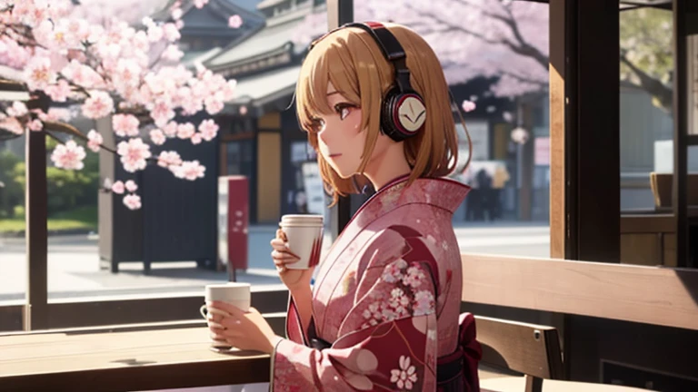 Beautiful girl in a kimono drinking coffee while listening to music on headphones in a cafe、Warm lighting、Cherry blossoms in full bloom、Japanese anime style