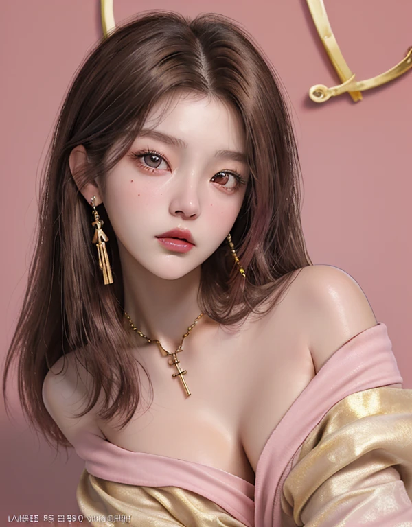 1 girl, 19 years old, south korean, 4k, masterpiece, soft skin, frekles under eyes, long whavy brown hair, pink eyes, red lips, red eyeliners, off shoulder pink top, skull tattoo on the neck, gold jewels, gold necklase, happy, portrait, close shot, detailed face, facing camera.