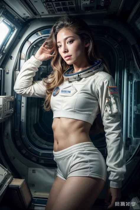 Long-range shooting, Low angle shot, A beautiful woman，Female astronaut，Pretty Face，beautiful eyes，高度detailed细节， (((Spacecraft i...