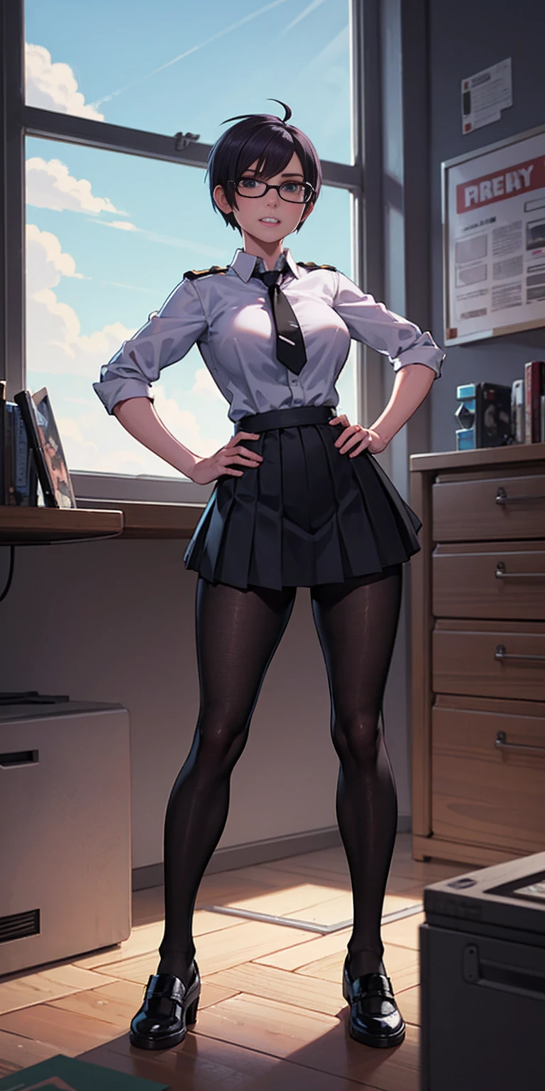 (high quality:1.1), cinema lighting, extremely detailed, Calhoun, standing, hands on hips, determined, clenched teeth, purple hair, black hair, short hair, lips, purple eyes, glasses, uniform, necktie, white shirt, skirt, pantyhose, shoes, large breasts, thighs, messy room, window, sky,