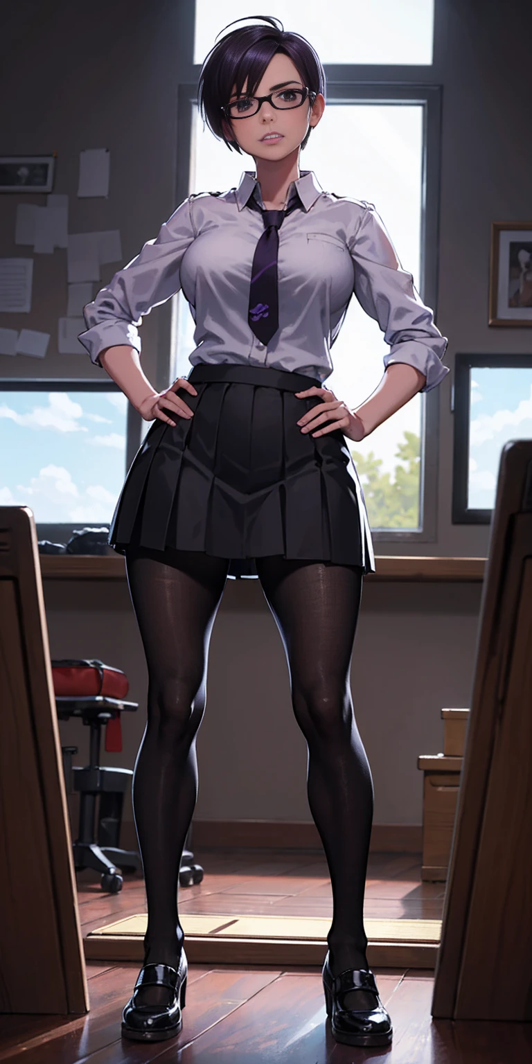 (high quality:1.1), cinema lighting, extremely detailed, Calhoun, standing, hands on hips, determined, clenched teeth, purple hair, black hair, short hair, lips, purple eyes, glasses, uniform, necktie, white shirt, skirt, pantyhose, shoes, large breasts, thighs, messy room, window, sky,