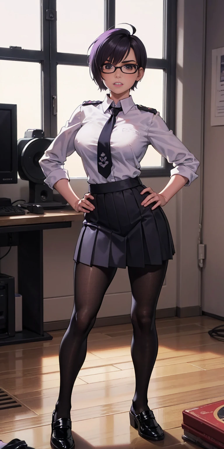 (high quality:1.1), cinema lighting, extremely detailed, Calhoun, standing, hands on hips, determined, clenched teeth, purple hair, black hair, short hair, lips, purple eyes, glasses, uniform, necktie, white shirt, skirt, pantyhose, shoes, large breasts, thighs, messy room, window, sky,