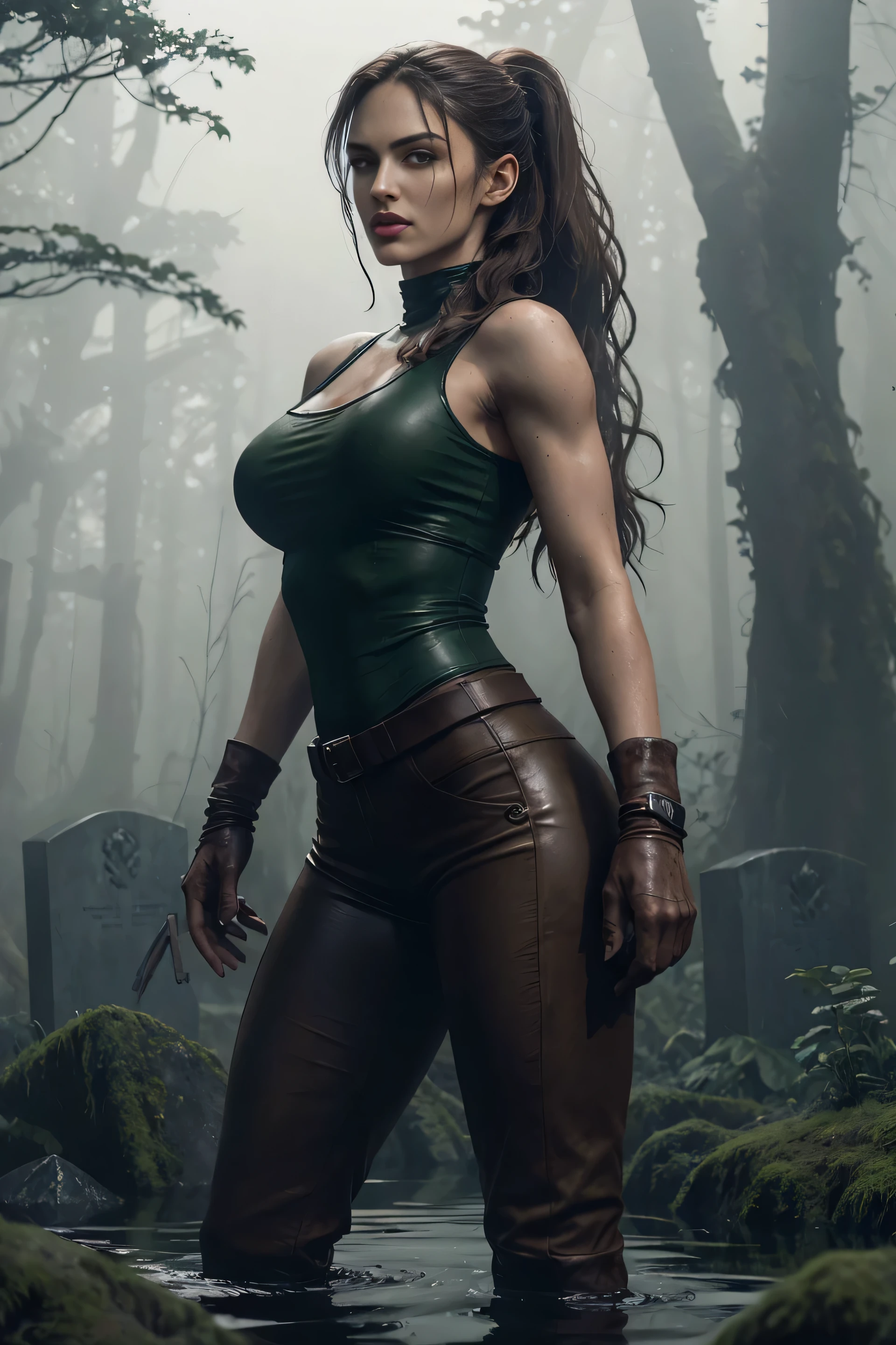 lara croft de cuerpo completo, cola de caballo larga y marrón, Ojos cafés, cejas arqueadas y altas, cuello largo y elegante, labios rojos, pechos grandes, pantalones cortos ajustados de cuero marron, camiseta verde pálido sin mangas rota, botas de cuero, En un antiguo cementerio cubierto de plantas abandonadas., De pie, con la espalda entre las tumbas, extiende su mano hacia la luna. (Realista, photoRealista, photoRealista:1.37 ), horror, Estado de ánimo oscuro y sombrío con iluminación dramática., Colores vibrantes, Ambiente brumoso, Árboles musgosos, Expresiones faciales detalladas, Cabello largo y ondulado flotando en el agua, Imágenes especulares en la superficie del agua, Niebla horrorosa