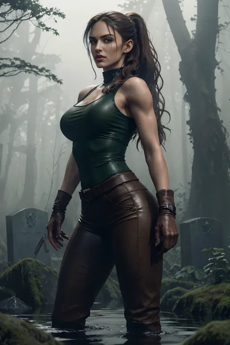full body lara croft, long brown ponytail, brown eyes, high arched eyebrows, long graceful neck, red lips, big breasts, short ti...