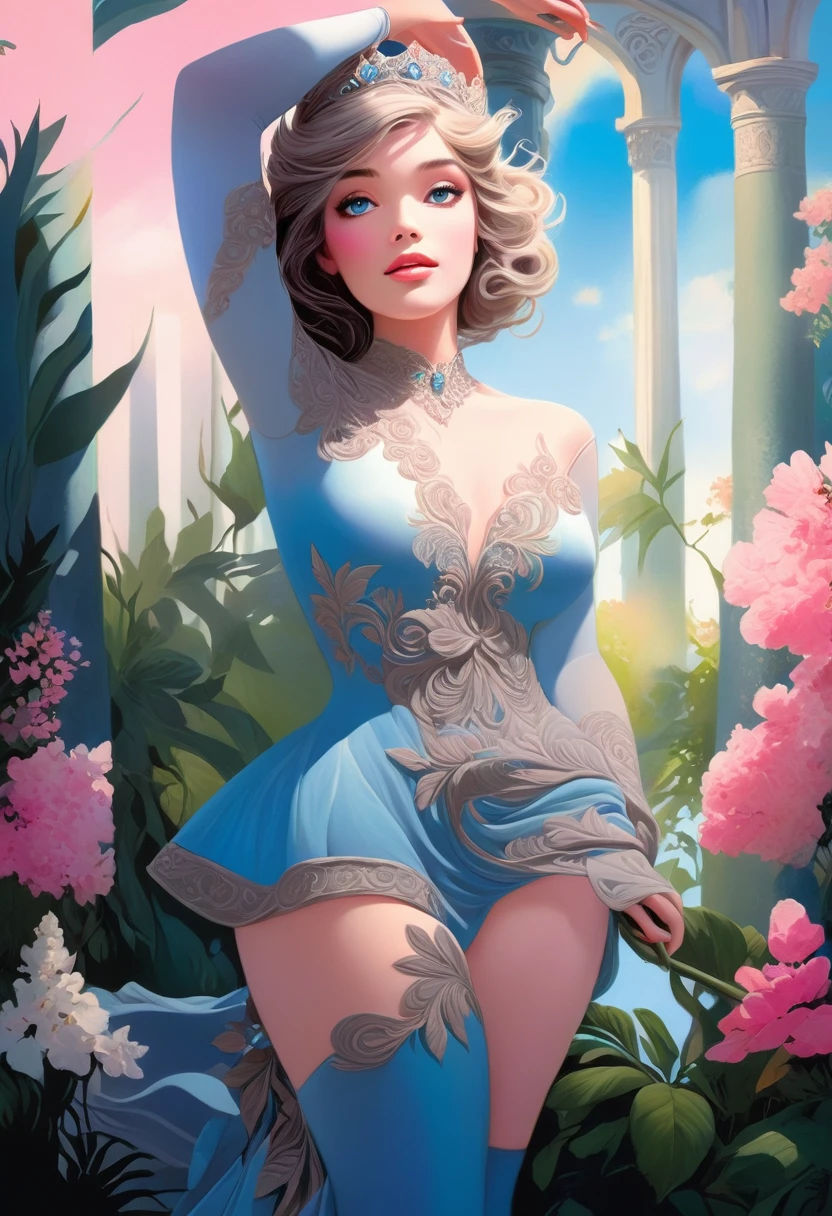 a beautiful princess in a lush garden, vibrant blue sky, detailed face and eyes, volumetric lighting, intricate details, photorealistic, high class fashion, masterpiece, professional digital art, cinematic color palette, using a palette of light pink, muted blue, dark grayish blue, bright blue, very dark gray, and light grayish blue