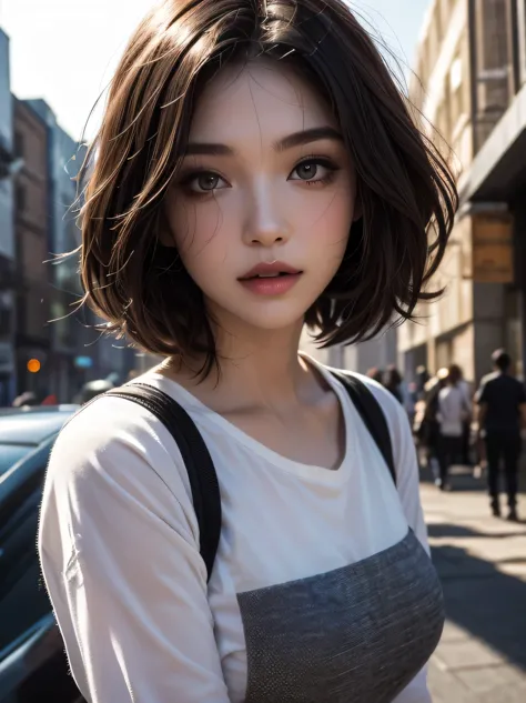 beautiful girl, bust, Bright red messy short hair, black eye shadow, (street style wear:1.2), (city background:1.2), dark makeup...