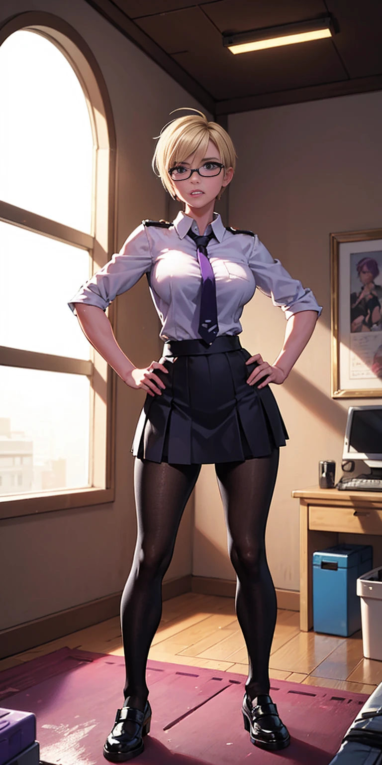 (high quality:1.1), cinema lighting, extremely detailed, Calhoun, standing, hands on hips, determined, clenched teeth, purple hair, blonde hair, short hair, lips, purple eyes, glasses, uniform, necktie, white shirt, skirt, pantyhose, shoes, large breasts, thighs, messy room, window, sky,