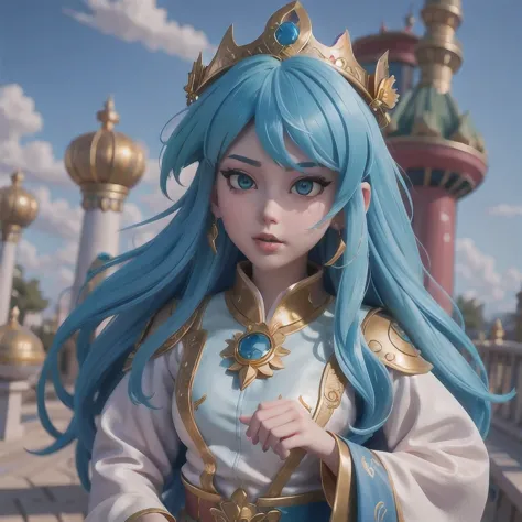 18 years old with blue hair wearing a gold crown and a blue wig, fantasy art style, ((a beautiful fantasy empress)), a beautiful...