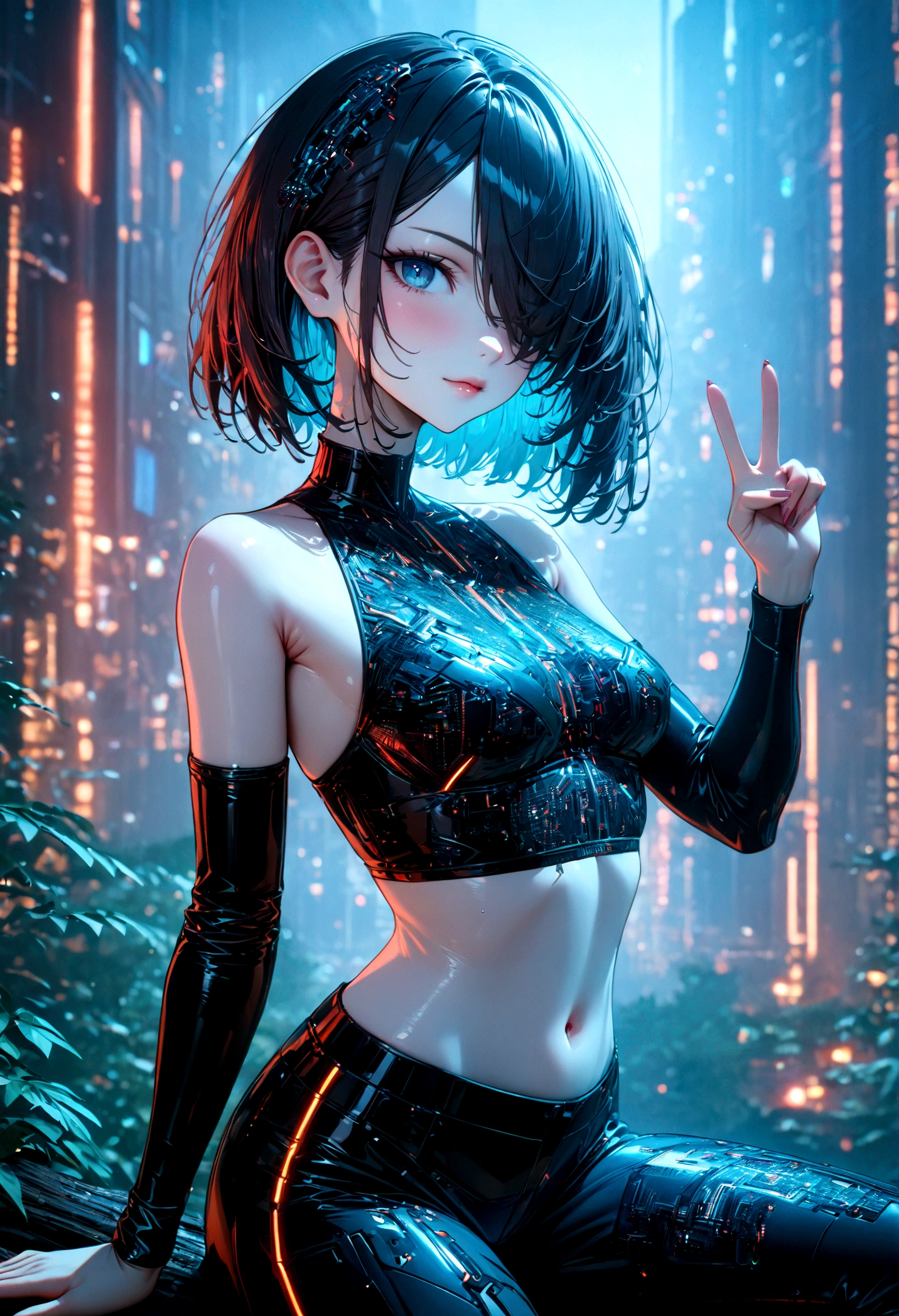 beautiful Cybernetics girl, hair over one eye, Hair accessories, (Delicate skin), Pale skin, black crop top made of circuit boards, Futuristic pants, on branch, v, Japanese words with glitter effect, cyberpunk background,Sensual, is attractive, (masterpiece:1.3), (best quality:1.3), (ultra detailed:1.3), 8k, extremely clear