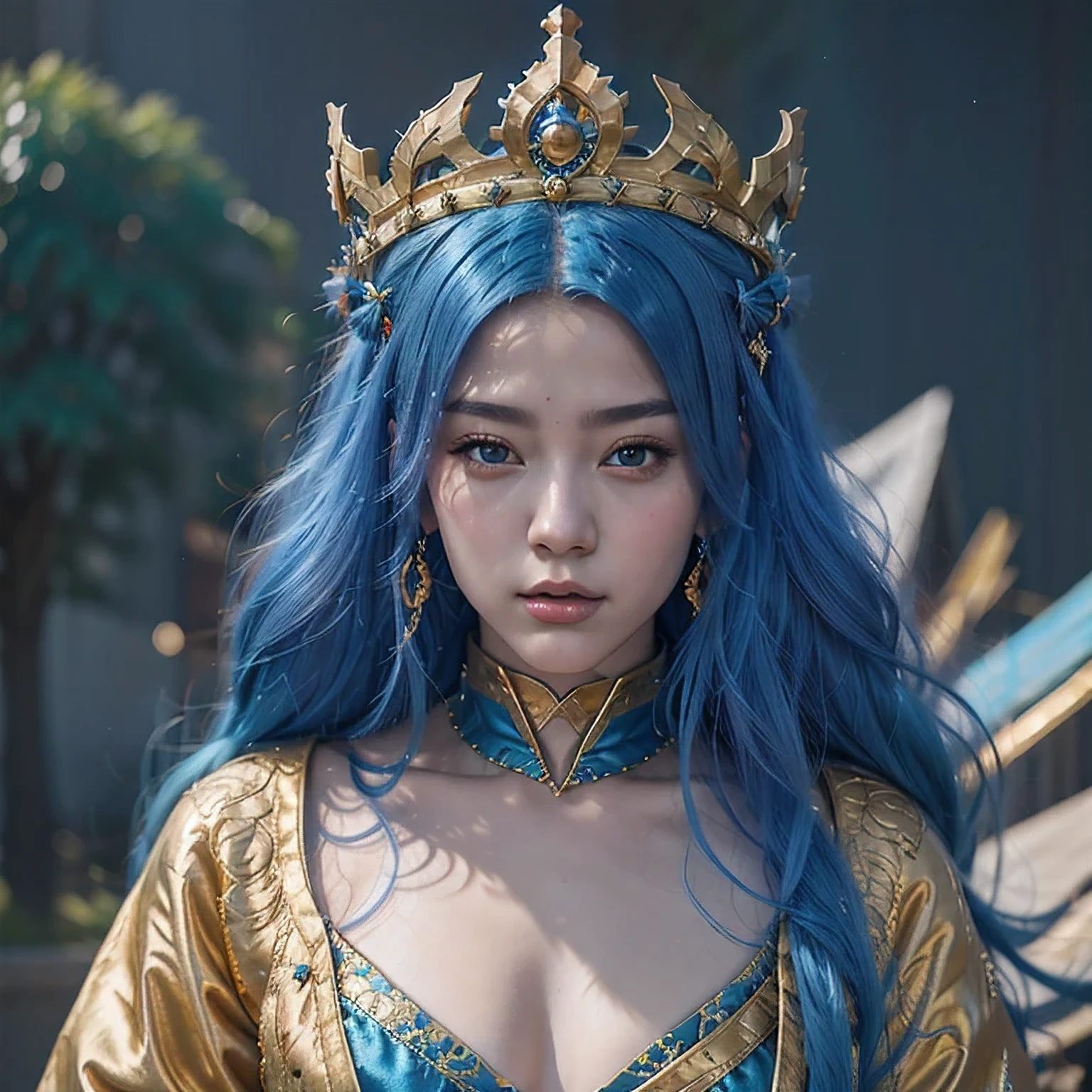 18 years old with blue hair wearing a gold crown and a blue wig, fantasy art style, ((a beautiful fantasy empress)), a beautiful fantasy empress, artwork in the style of Girl, azure. detailed hair, 18 years old, palace ， a girl in hanfu, beautiful celestial mage, anime girl with cosmic hair