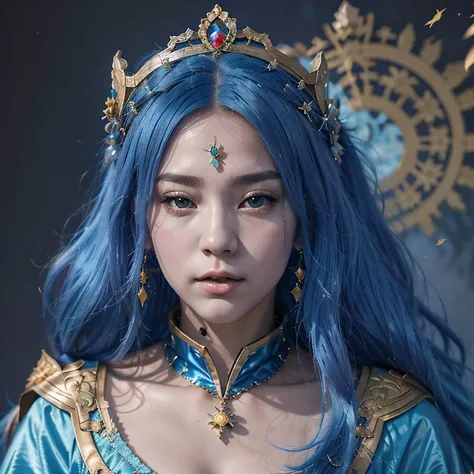 18 years old with blue hair wearing a gold crown and a blue wig, fantasy art style, ((a beautiful fantasy empress)), a beautiful...