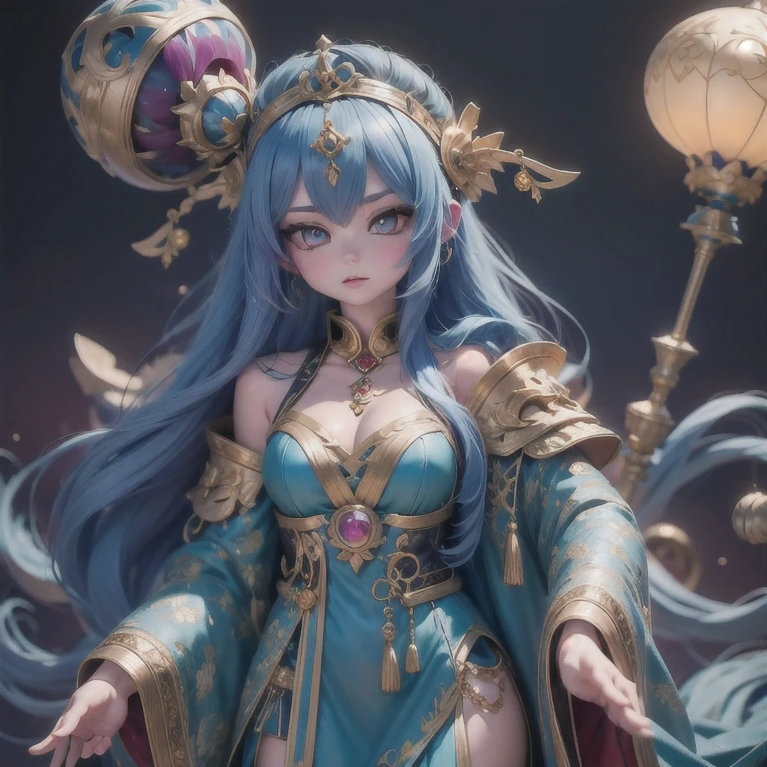 18 years old with blue hair wearing a gold crown and a blue wig, fantasy art style, ((a beautiful fantasy empress)), a beautiful fantasy empress, artwork in the style of Girl, azure. detailed hair, 18 years old, palace ， a girl in hanfu, beautiful celestial mage, anime girl with cosmic hair