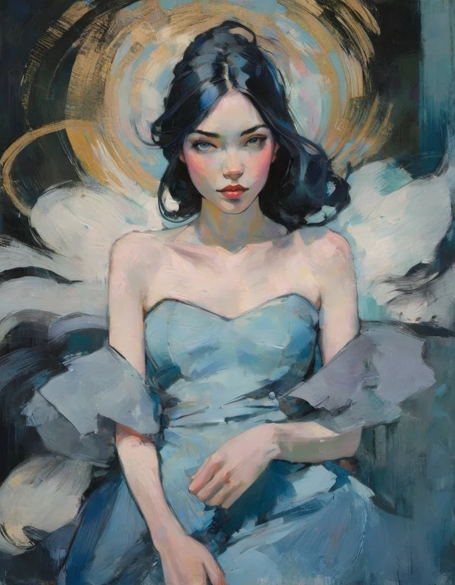 Create a contemporary portrait of a person in the expressive and painterly style of Malcolm Liepke, utilizing a palette of light pink, muted blue, dark grayish blue, bright blue, very dark gray, and light grayish blue. The portrait should feature a close-up of the subject's face with strong, dynamic brushstrokes and a focus on capturing the depth and texture characteristic of Liepke's work. Use light pink and bright blue for the highlights and vibrant areas, while employing muted blue, dark grayish blue, very dark gray, and light grayish blue to create shadows and depth. Ensure the background complements the portrait with subtle variations of the same color palette, evoking a sense of modern elegance and emotional intensity