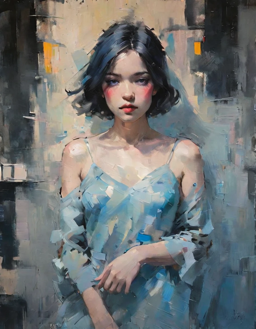 Create a contemporary portrait of a person in the expressive and painterly style of Malcolm Liepke, utilizing a palette of light pink, muted blue, dark grayish blue, bright blue, very dark gray, and light grayish blue. The portrait should feature a close-up of the subject's face with strong, dynamic brushstrokes and a focus on capturing the depth and texture characteristic of Liepke's work. Use light pink and bright blue for the highlights and vibrant areas, while employing muted blue, dark grayish blue, very dark gray, and light grayish blue to create shadows and depth. Ensure the background complements the portrait with subtle variations of the same color palette, evoking a sense of modern elegance and emotional intensity