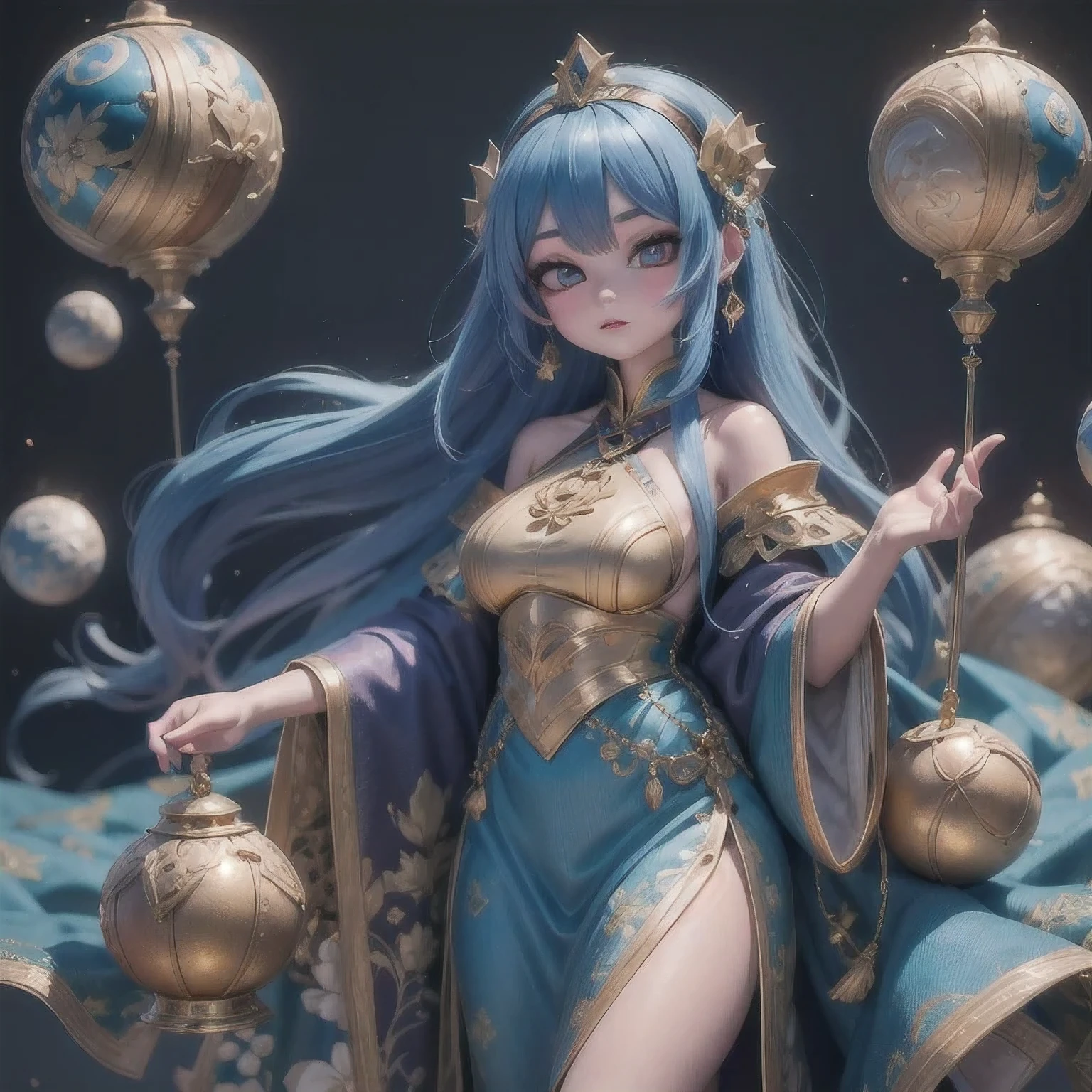 18 years old with blue hair wearing a gold crown and a blue wig, fantasy art style, ((a beautiful fantasy empress)), a beautiful fantasy empress, artwork in the style of Girl, azure. detailed hair, 18 years old, palace ， a girl in hanfu, beautiful celestial mage, anime girl with cosmic hair