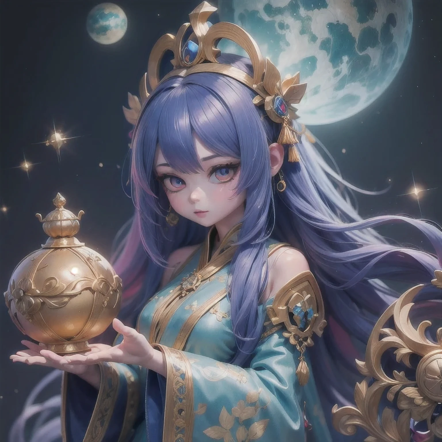 18 years old with blue hair wearing a gold crown and a blue wig, fantasy art style, ((a beautiful fantasy empress)), a beautiful fantasy empress, artwork in the style of Girl, azure. detailed hair, 18 years old, palace ， a girl in hanfu, beautiful celestial mage, anime girl with cosmic hair