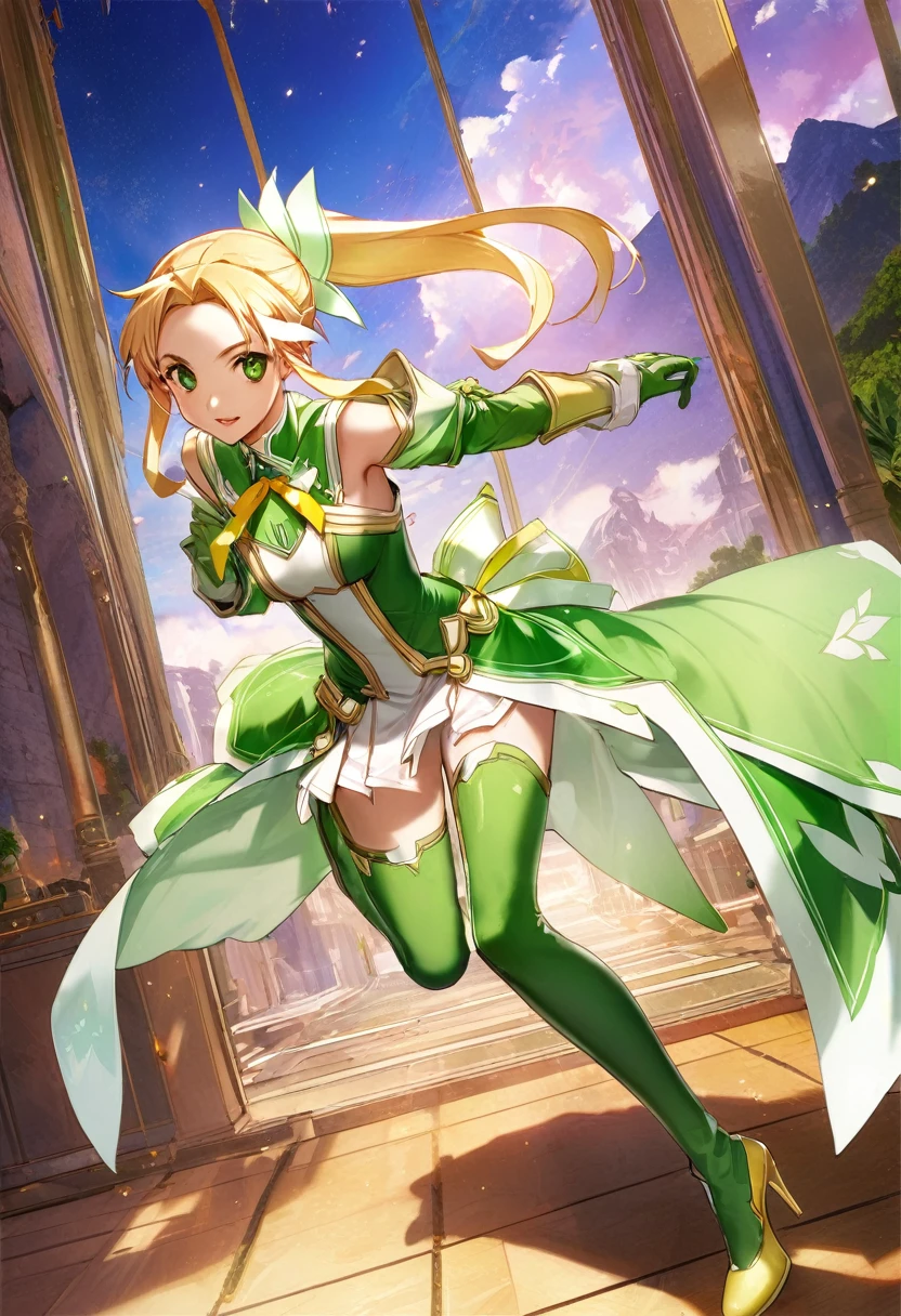 highest quality、unity 8k wallpaper、32k、masterpiece、Very detailed、Ultra-high resolution、Very detailedな顔、RAW Photos、Professional、Ultra-fine painting、Magical Fairy Swordsman Leafa、Blonde long hair、White Hair Ribbon、Green Eyes、Green magical girl costume、Blonde ponytail、White Hair Ribbon、Yellow ribbon with a large emerald brooch、White pleated skirt with green lines、Green and yellow long gloves、Green thigh-high stiletto heel boots with gold molding、Full Body Shot、