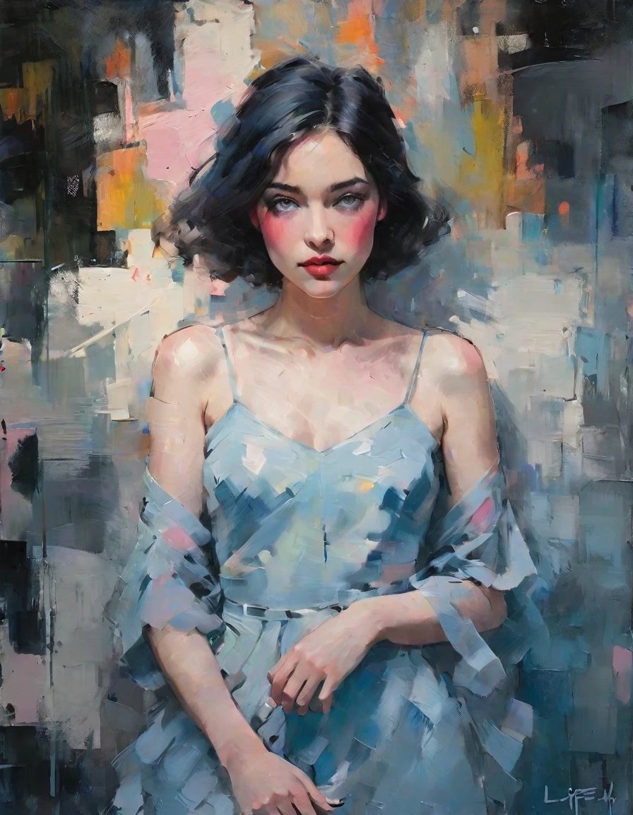 Create a contemporary portrait of a person in the expressive and painterly style of Malcolm Liepke, utilizing a palette of light pink, muted blue, dark grayish blue, bright blue, very dark gray, and light grayish blue. The portrait should feature a close-up of the subject's face with strong, dynamic brushstrokes and a focus on capturing the depth and texture characteristic of Liepke's work. Use light pink and bright blue for the highlights and vibrant areas, while employing muted blue, dark grayish blue, very dark gray, and light grayish blue to create shadows and depth. Ensure the background complements the portrait with subtle variations of the same color palette, evoking a sense of modern elegance and emotional intensity