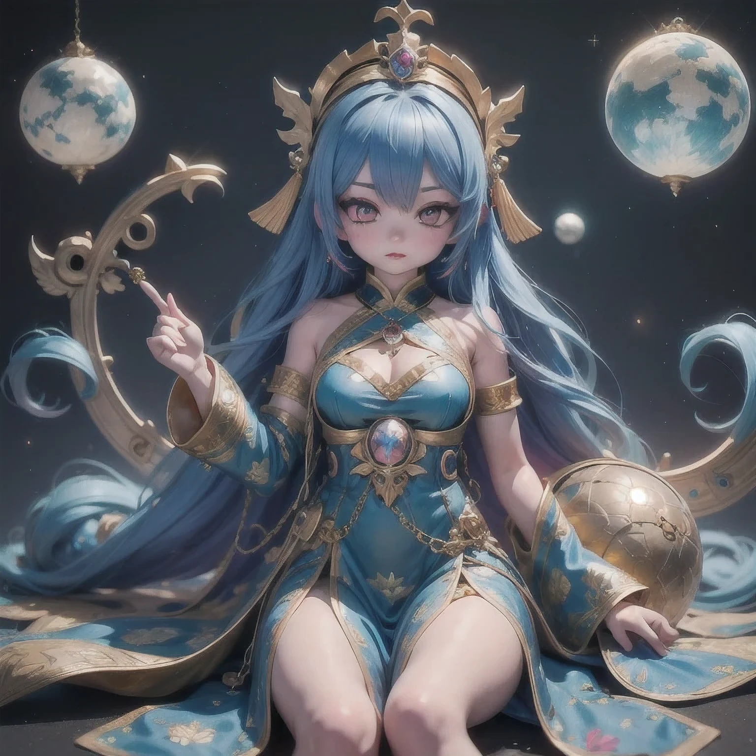 18 years old with blue hair wearing a gold crown and a blue wig, fantasy art style, ((a beautiful fantasy empress)), a beautiful fantasy empress, artwork in the style of Girl, azure. detailed hair, 18 years old, palace ， a girl in hanfu, beautiful celestial mage, anime girl with cosmic hair