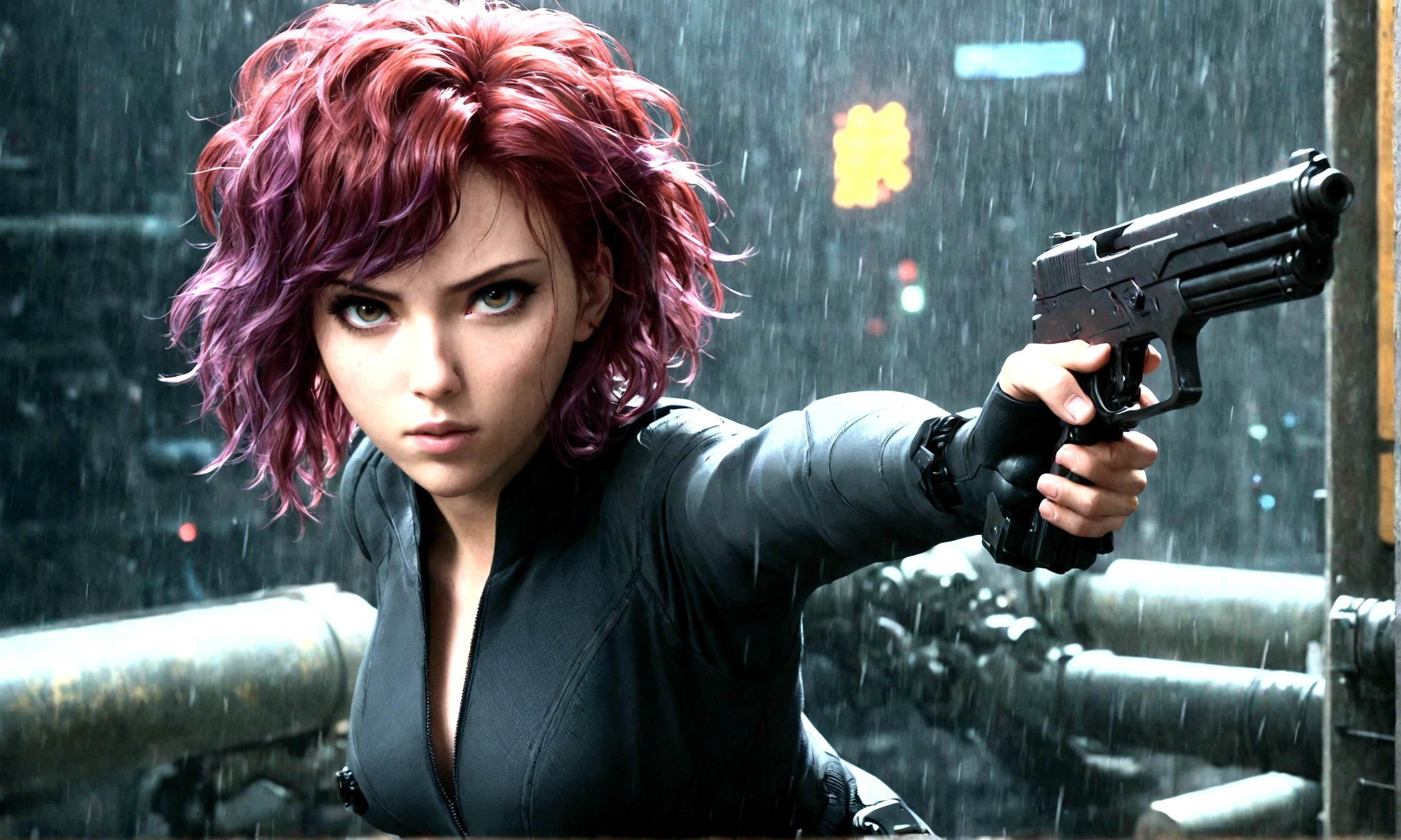 ville cyberpunk、Motoko Kusanagi avec une arme à feu、Fantôme dans la coquille、très détaillé、Photoréaliste、primé、détails complexes、échelle épique、Éclairage cinématographique、configuration dynamique、Superbe résolution 8K、Hyper réel、netteté、chef-d&#39;œuvre、art conceptuel、couleurs saisissantes、Néon、Architecture futuriste、technologie avancée、ambiance maussade、Éléments SF、Belle conception de personnages、pose puissante et dynamique、ohwx、Kusanagi Motoko,pistolet à boulon