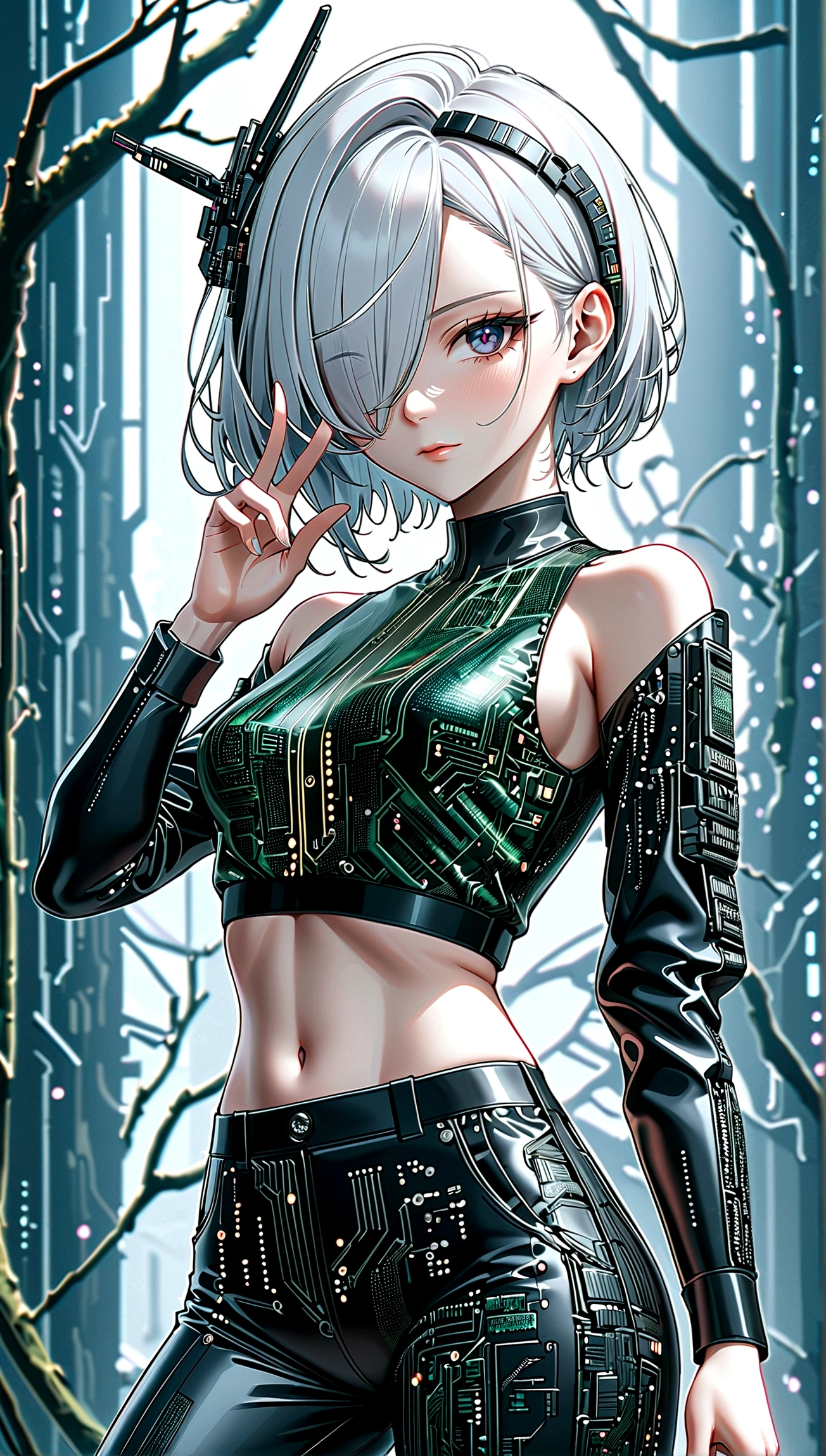 beautiful Cybernetics girl, hair over one eye, Hair accessories, (Delicate skin), Pale skin, black crop top made of circuit boards, Futuristic pants, on branch, v, Japanese words with glitter effect, cyberpunk background,Sensual, is attractive, (masterpiece:1.3), (best quality:1.3), (ultra detailed:1.3), 8k, extremely clear