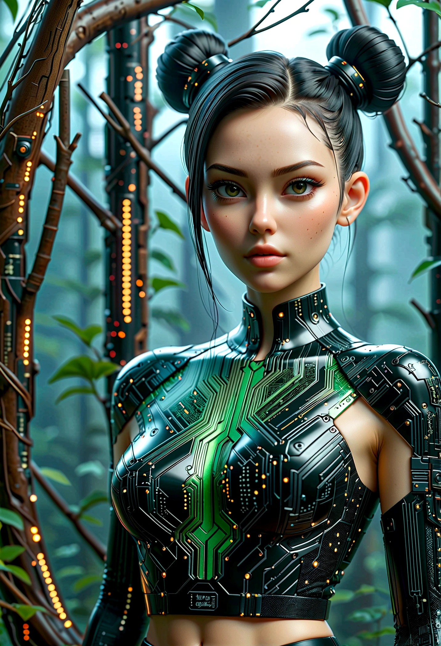 beautiful Cybernetics girl, double bun, Hair accessories, (Delicate skin), Pale skin, black crop top made of circuit boards, Futuristic pants, on branch, v, Japanese words with glitter effect, cyberpunk background,Sensual, is attractive, (masterpiece:1.3), (best quality:1.3), (ultra detailed:1.3), 8k, extremely clear