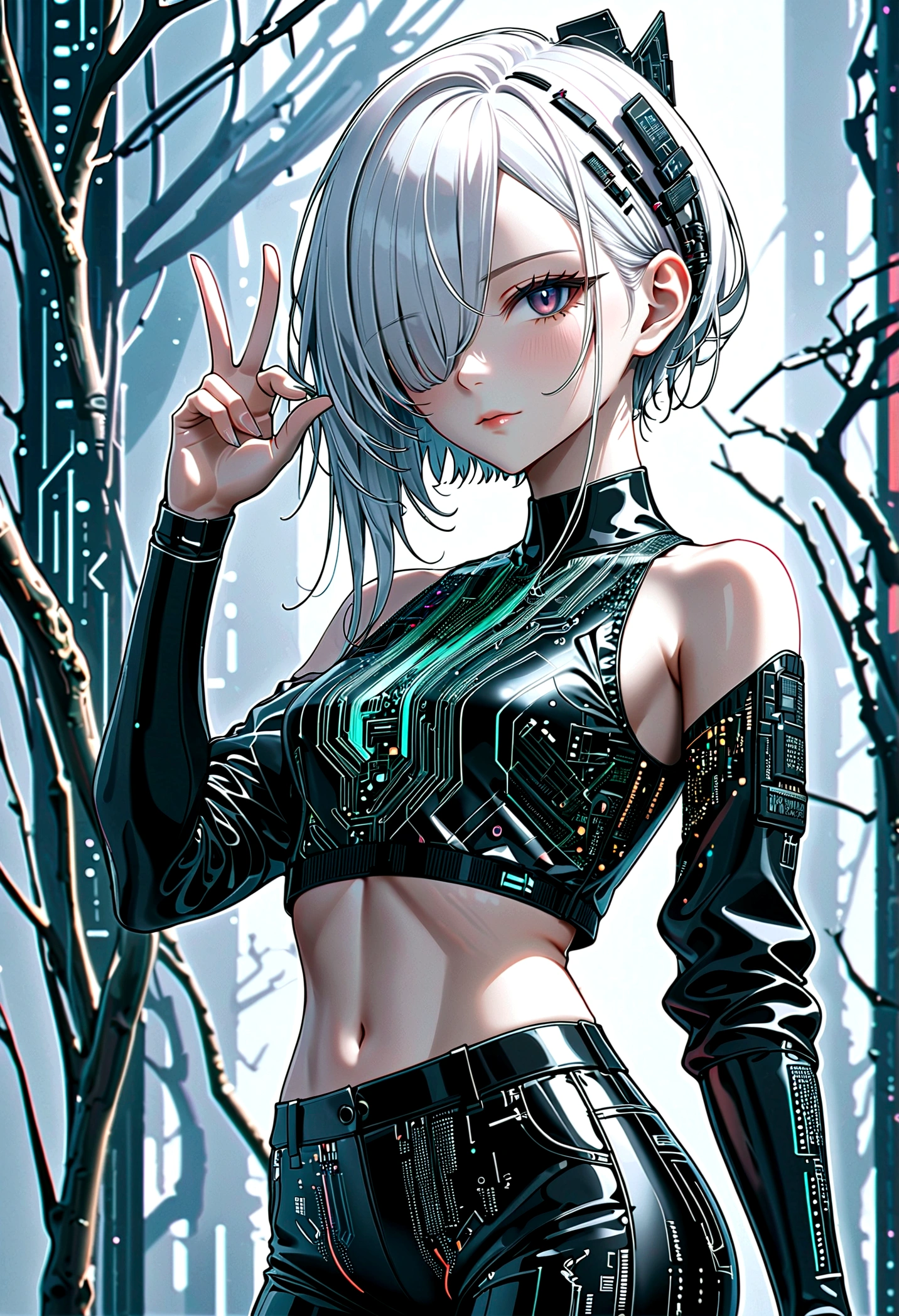 beautiful Cybernetics girl, hair over one eye, Hair accessories, (Delicate skin), Pale skin, black crop top made of circuit boards, Futuristic pants, on branch, v, Japanese words with glitter effect, cyberpunk background,Sensual, is attractive, (masterpiece:1.3), (best quality:1.3), (ultra detailed:1.3), 8k, extremely clear