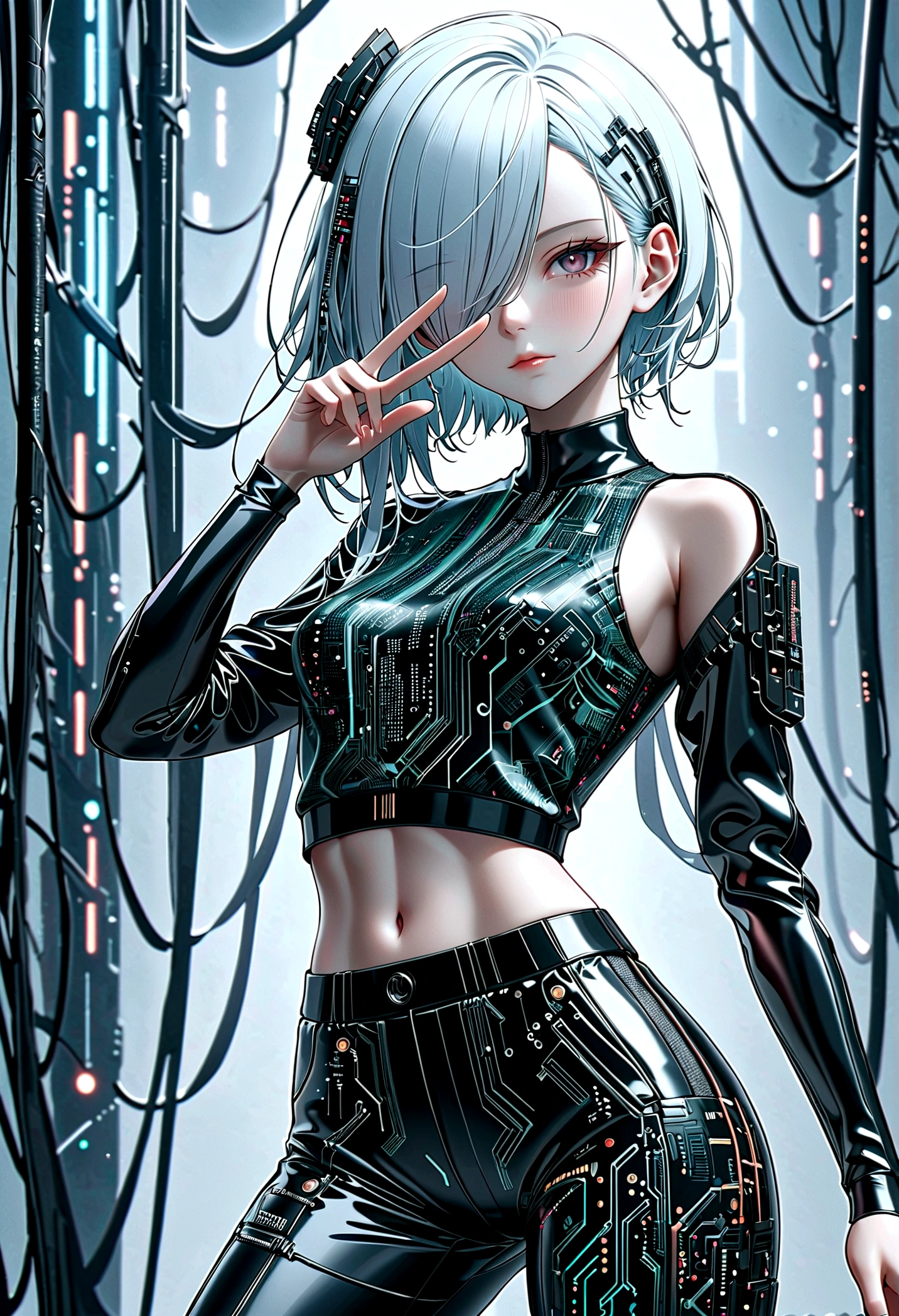 beautiful Cybernetics girl, hair over one eye, Hair accessories, (Delicate skin), Pale skin, black crop top made of circuit boards, Futuristic pants, on branch, v, Japanese words with glitter effect, cyberpunk background,Sensual, is attractive, (masterpiece:1.3), (best quality:1.3), (ultra detailed:1.3), 8k, extremely clear