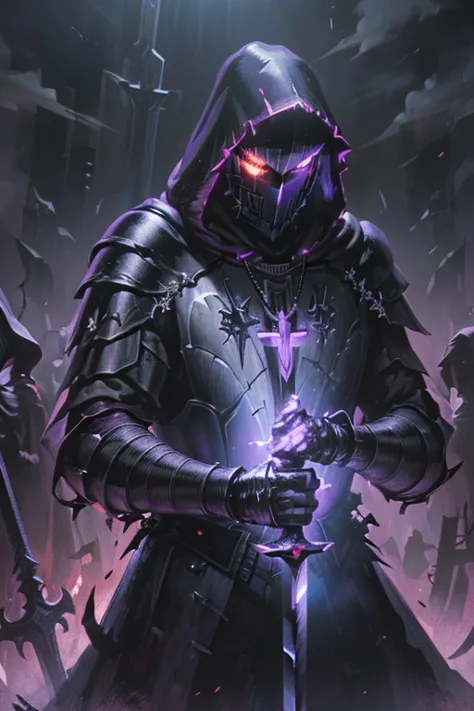 (realistic illustration:1.3),((dark fantasy:1.4)). (fallen crusader),(armored death), ((Hooded)) shadow ((wraith)) in black batt...