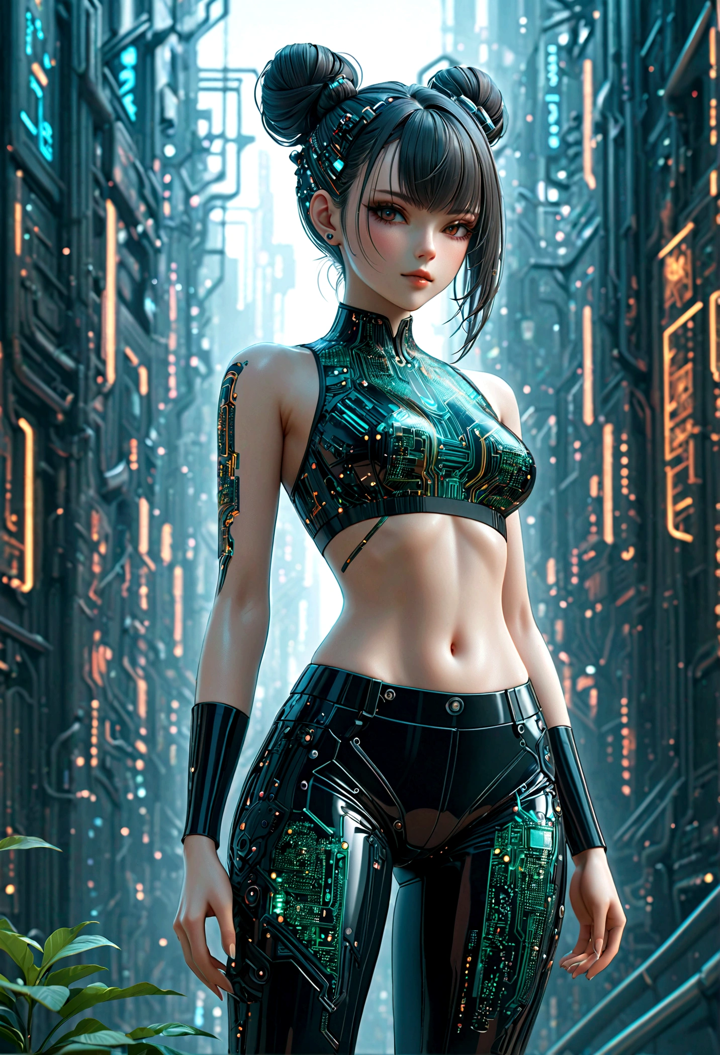beautiful Cybernetics girl, heart hair bun, Hair accessories, (Delicate skin), Pale skin, black crop top made of circuit boards, Navel tattoo, sexy Futuristic pants, on branch, v, Japanese words with glitter effect, cyberpunk background,Sensual, is attractive, (masterpiece:1.3), (best quality:1.3), (ultra detailed:1.3), 8k, extremely clear