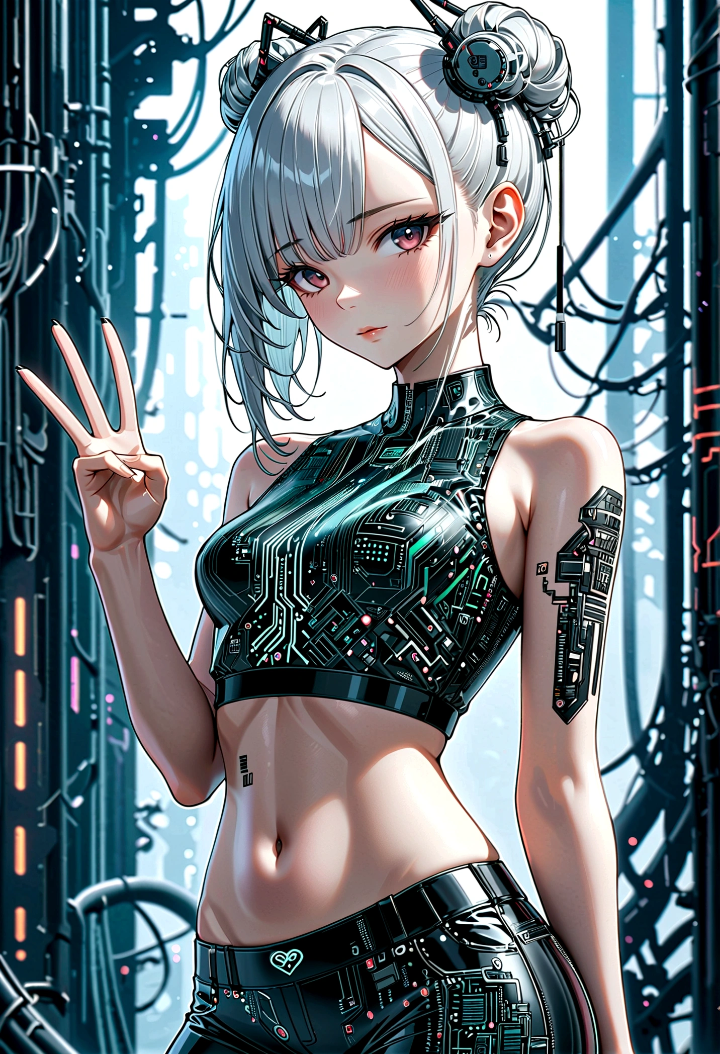 beautiful Cybernetics girl, heart hair bun, Hair accessories, (Delicate skin), Pale skin, black crop top made of circuit boards, Navel tattoo, sexy Futuristic pants, on branch, v, Japanese words with glitter effect, cyberpunk background,Sensual, is attractive, (masterpiece:1.3), (best quality:1.3), (ultra detailed:1.3), 8k, extremely clear