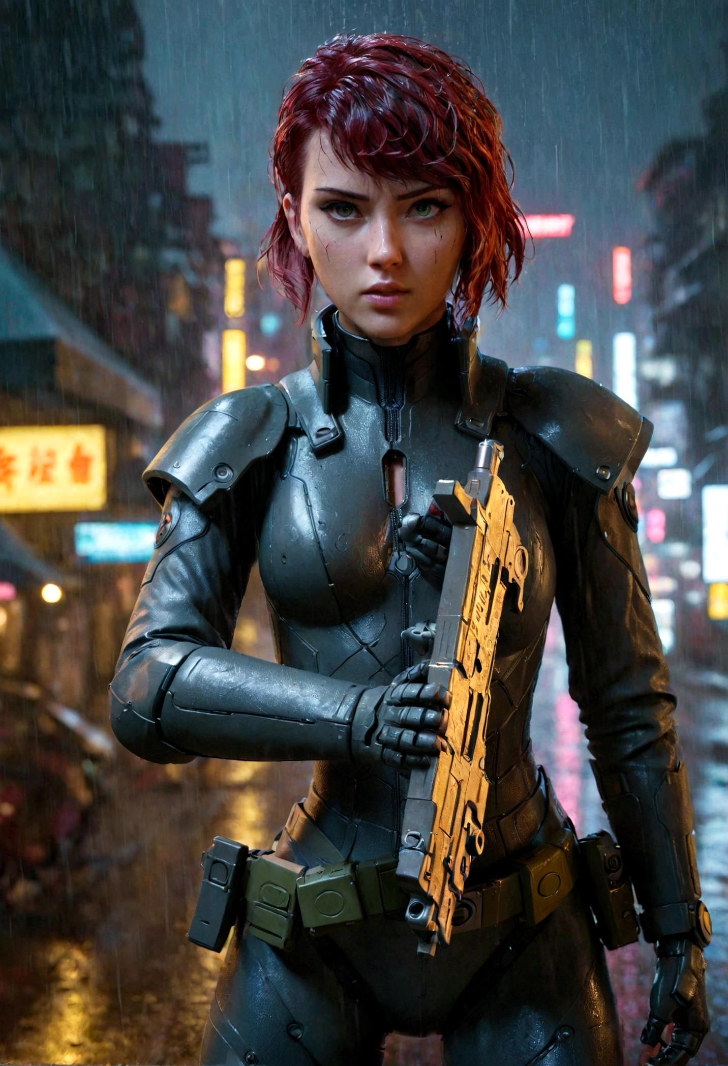 personnage de science-fiction cyberpunk,belle jeune femme brandissant un bolter,Fantôme dans la coquille, Kusanagi Motoko,flou de mouvement,nuit pluvieuse,hyperréaliste,Éclairage cinématographique,composition dramatique,très détaillé,8k,Photoréaliste,clair-obscur,néons,paysage urbain futuriste,ambiance intense,visage et yeux hyper détaillés,prothèses mécaniques complexes,pose dynamique,effets de pluie,palette de couleurs maussades,Implants cybernétiques brillants,Réflexions environnementales