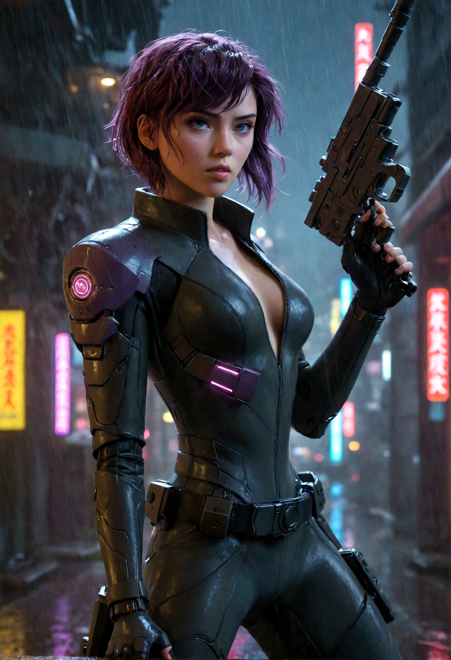 personnage de science-fiction cyberpunk,belle jeune femme brandissant un bolter,Fantôme dans la coquille, Kusanagi Motoko,flou de mouvement,nuit pluvieuse,hyperréaliste,Éclairage cinématographique,composition dramatique,très détaillé,8k,Photoréaliste,clair-obscur,néons,paysage urbain futuriste,ambiance intense,visage et yeux hyper détaillés,prothèses mécaniques complexes,pose dynamique,effets de pluie,palette de couleurs maussades,Implants cybernétiques brillants,Réflexions environnementales