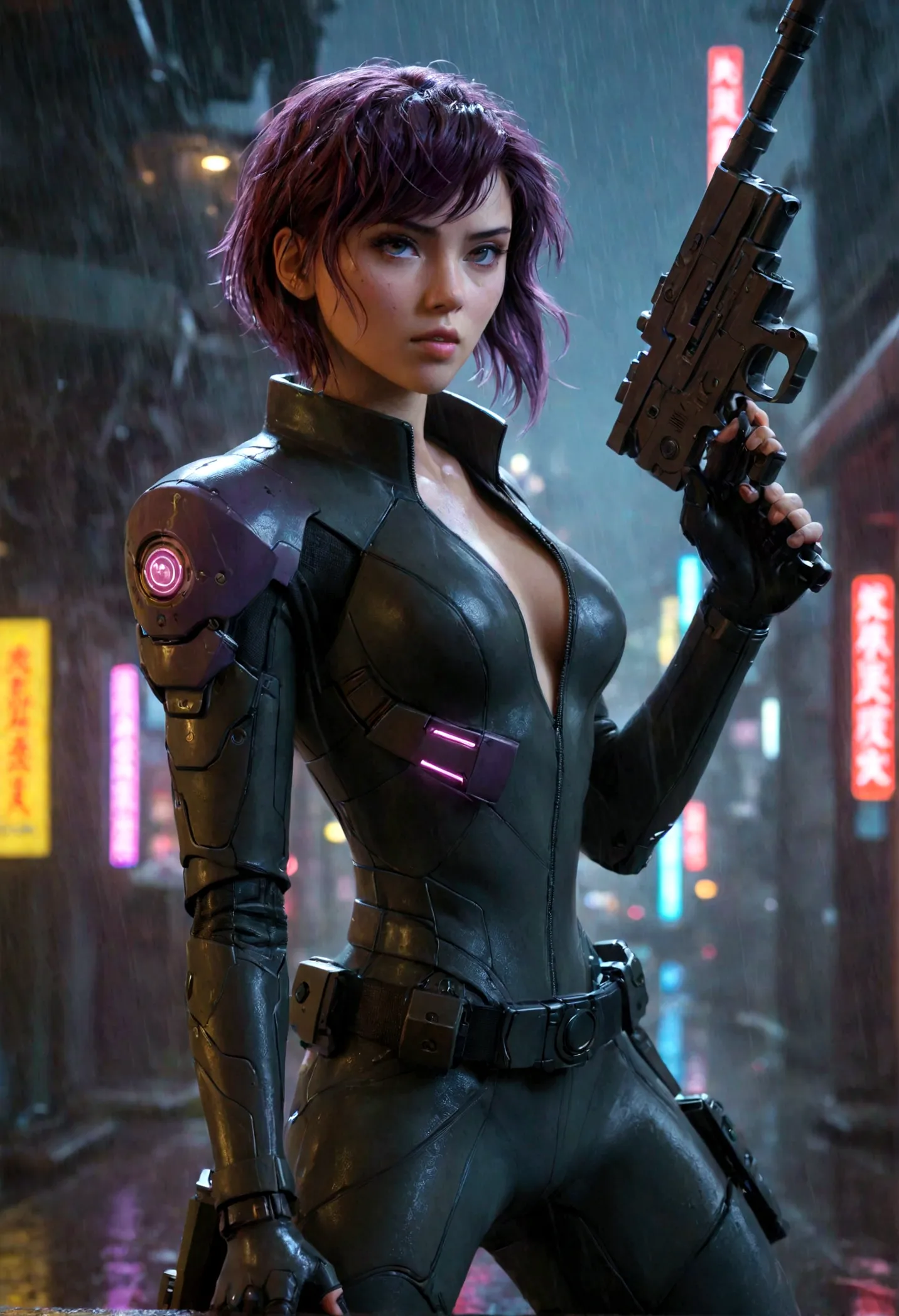 cyberpunk sci-fi character,beautiful young woman wielding a boltgun,ghost in the shell, kusanagi motoko,motion blur,rainy night,...