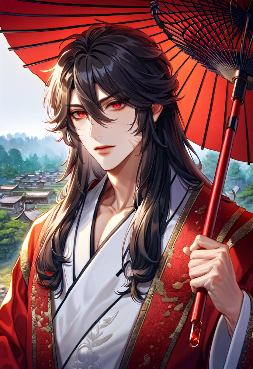 absurdres, highres, ultra detailed, HDR, master piece, best quality, extremely detailed face, delicated features, Xue Yu, untamed spiky hair, black long hair, hair between the eyes, expressive red eyes, Thousand Years War, solo, sexy man holding a red oil paper umbrella, handsome, holding, red robes, village, trees