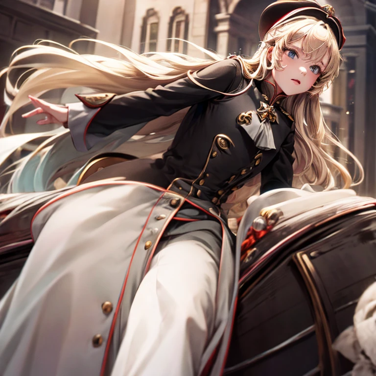 (bright lighting,casual setting),princess captured, city background, bondage, blonde hair, mesmerizing gaze, , soft skin, alluring beauty, artistic portrait, high-quality image, vibrant colors, uniform of princess Viktoria Luise of Prussia grey, in a royal carriage, arms behind back, rope bondage, otm gag, silver rope, solo, black fur skull hat,