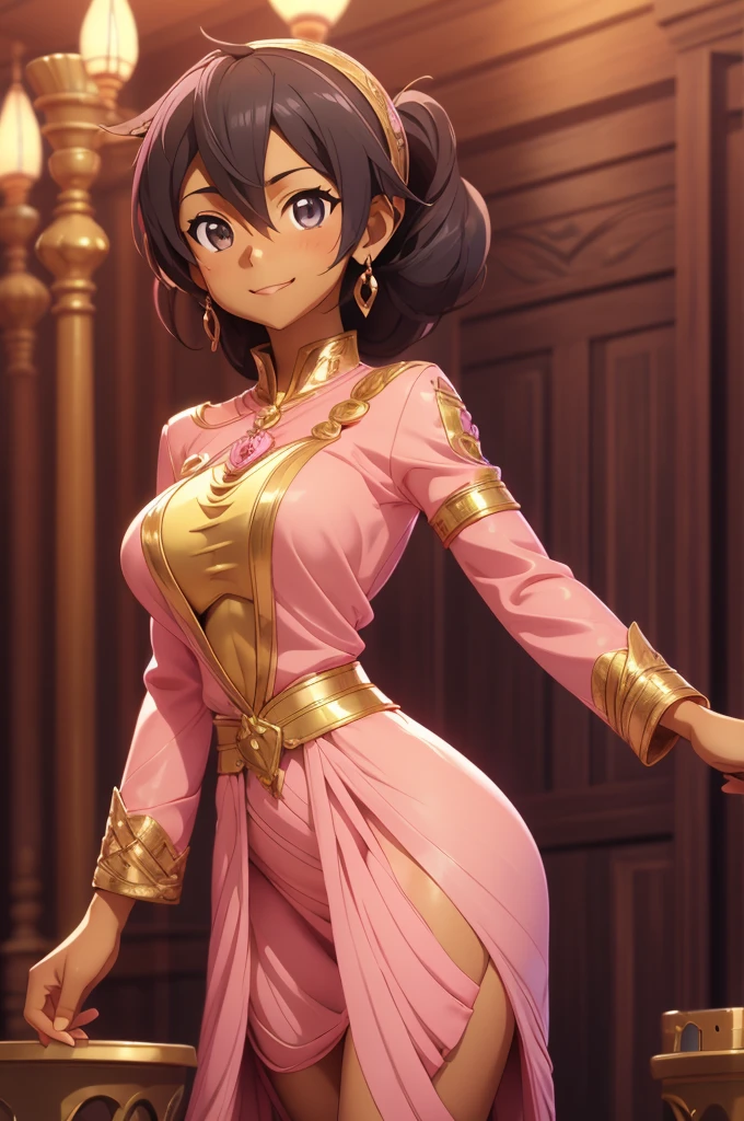 Kirito, Pink egyptian clothing, blushing smile, dark skin, standing alone in the ballroom dancing, Feminine big breasts breast enlargement looking at the camera