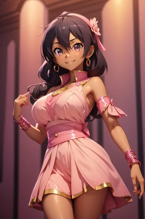 Kirito, Pink egyptian clothing, blushing smile, dark skin, standing alone in the ballroom dancing, Feminine big breasts breast e...