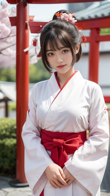 Create a mascot character for a company, designed as a traditional Miko (Shinto shrine maiden). The character must be facing directly forward with her entire body visible and looking straight at the camera. She should have a simple bob haircut in black and wear a traditional white and red Miko outfit, with a white ribbon or hair accessory. Her hands should be held out in front of her, gently encircling the letter "i," which is designed in a heart shape to represent love. The expression on her face should be soft and smiling, conveying warmth and approachability. The primary colors of her outfit are white and red, with pink accents to emphasize the theme of love. The background should feature a soft pink hue with scattered cherry blossom petals, enhancing the gentle and warm atmosphere. It is crucial that the character looks straight at the camera, with her entire body facing forward and her black hair clearly visible. The overall design should be suitable as a company symbol image, with a clean and professional appearance.
