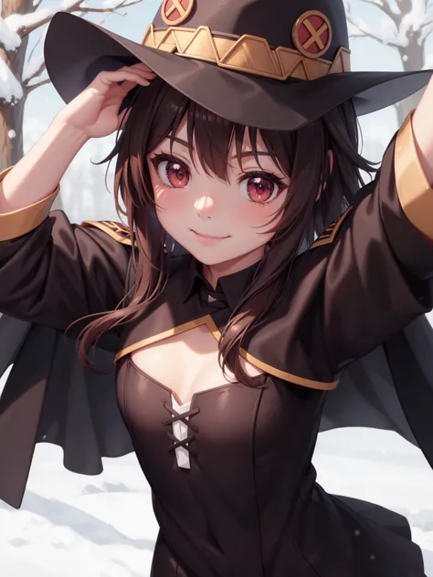 (masterpiece)1 girl, Megumin, best quality, black leather German official uniform, wearing an army black leather hat, flat chest...