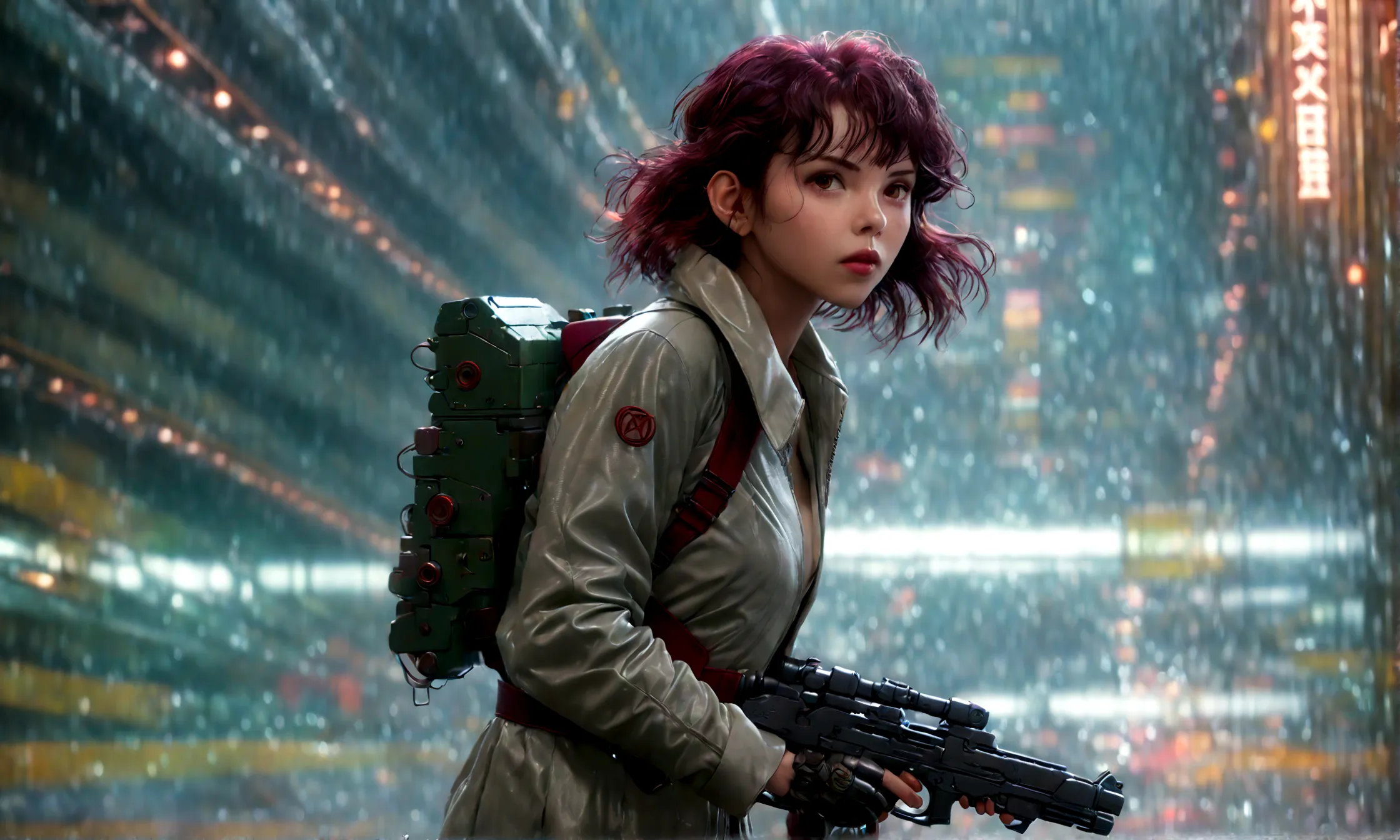 Cyberpunk Sci-Fi Characters、Beautiful young woman wielding a Cyber Rifle、ghost in the Shell、kusanagi motoko、(Motion blur effect ...