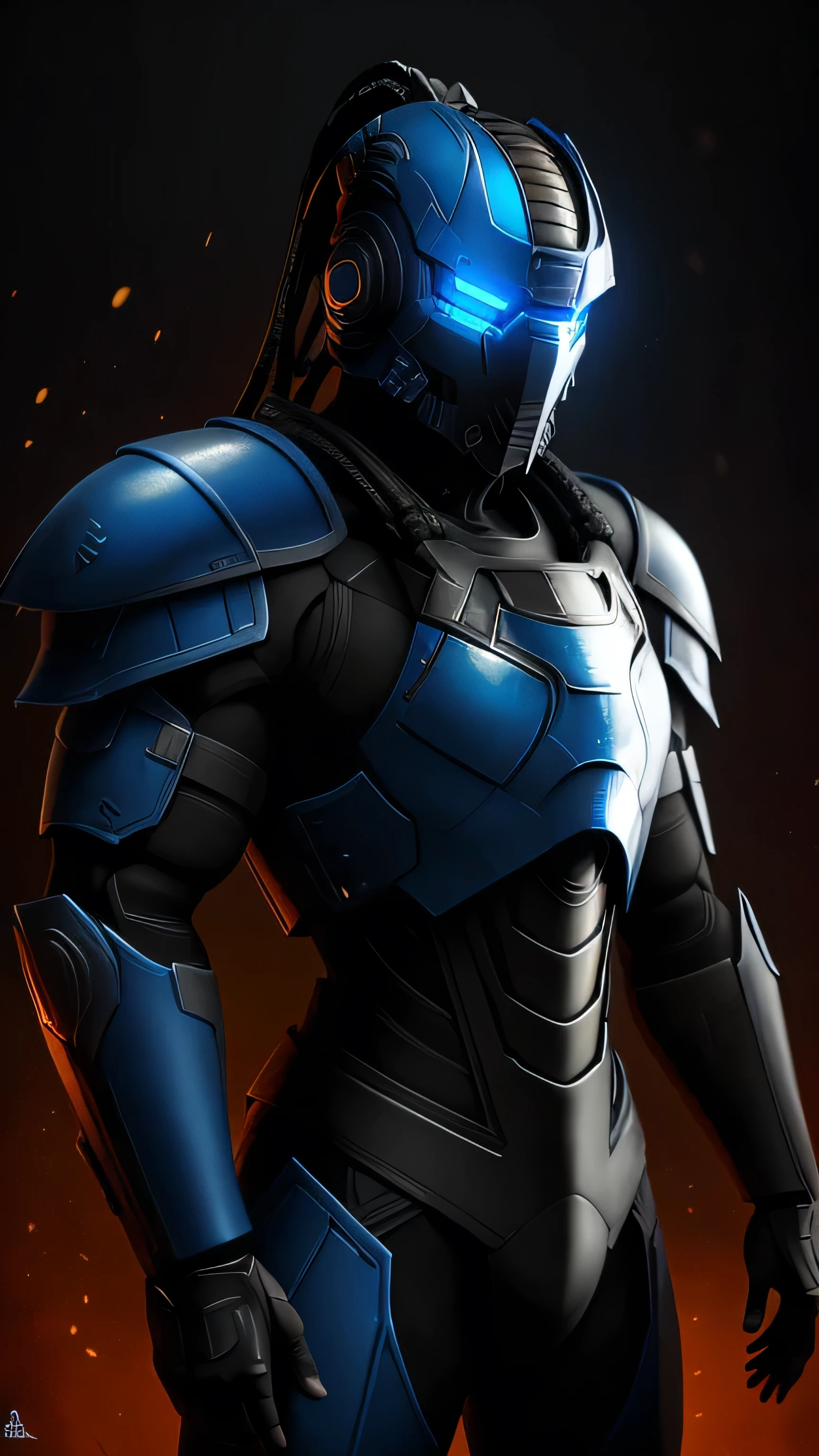 Sub-Zero from Mortal Kombat, zxcrx, cyborg ninja, sleek (blue and black armor:1.5), various robotic components, his face is covered by a helmet with a glowing ligh blue visor, ice blades, cold, 1man, solo, full body view, front view, looking at viewer, intricate, high detail, sharp focus, dramatic, photorealistic painting art by greg rutkowski