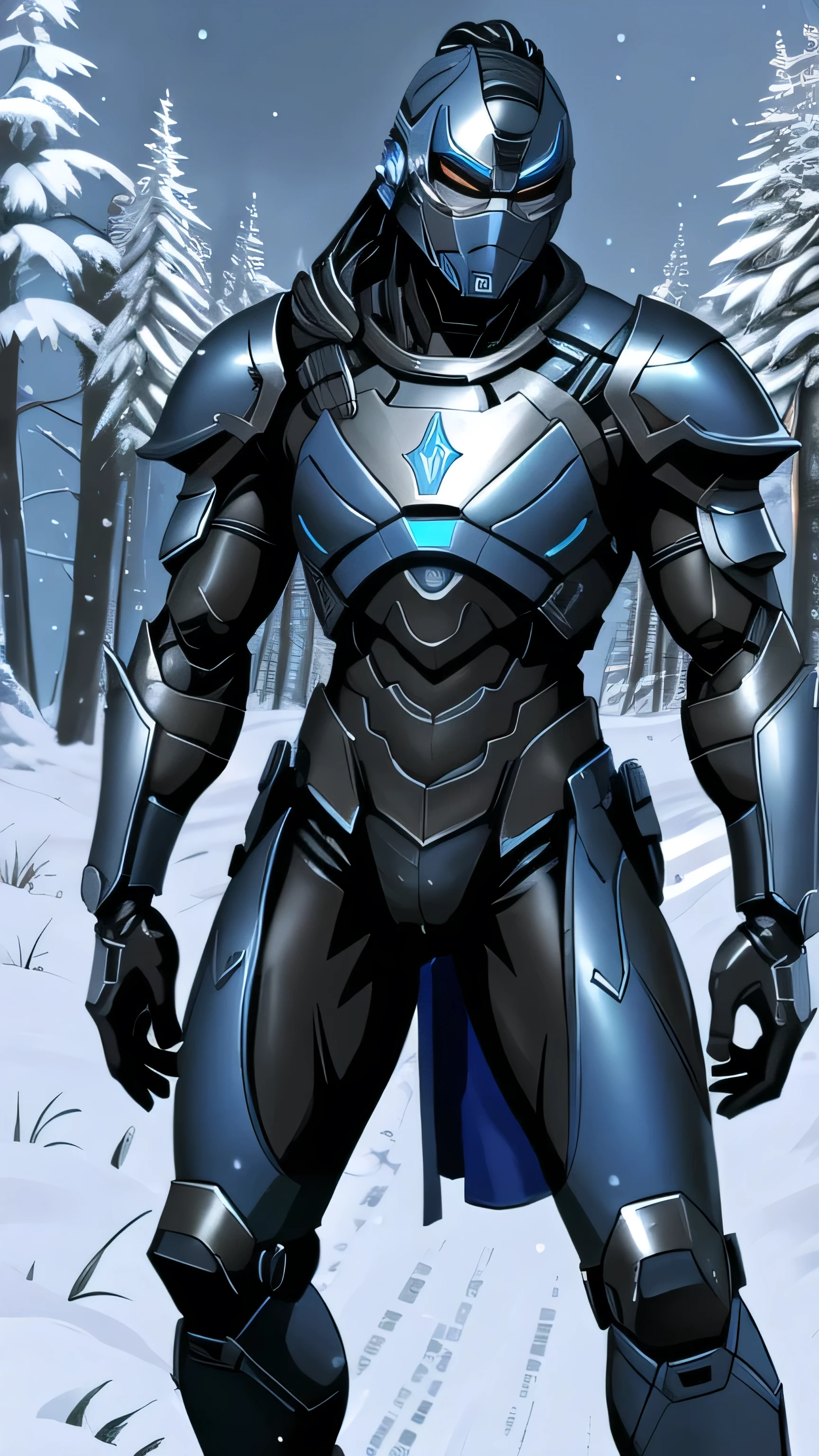 Sub-Zero from Mortal Kombat, zxcrx, cyborg ninja, sleek (blue and black armor:1.5), various robotic components, his face is covered by a helmet with a glowing ligh blue visor, ice blades, cold, 1man, solo, full body view, front view, looking at viewer, intricate, high detail, sharp focus, dramatic, photorealistic painting art by greg rutkowski